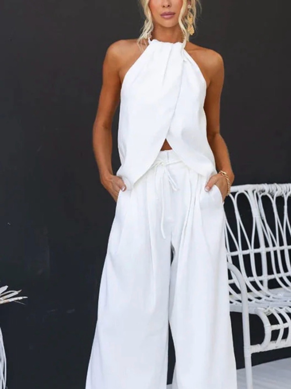 Women's White Halter Neck Top and Wide-Leg Pants Set